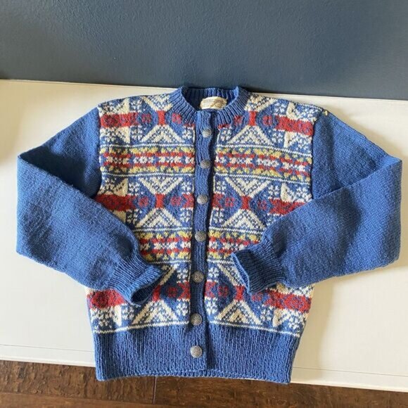 Handmade in Norway vintage Fair Isle 100% virgin Wool cardigan - Picture 1 of 9